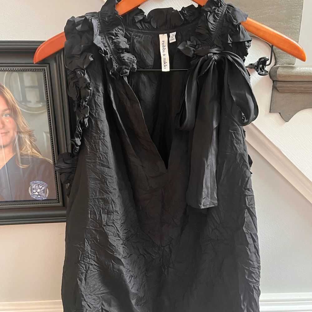 Robbi & Nikki Black Silk Fancy Ruffle & Bow Tank Too sz S EUC